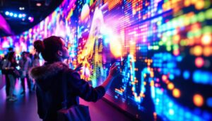 A photograph of a vibrant led wall display in use at an event or installation
