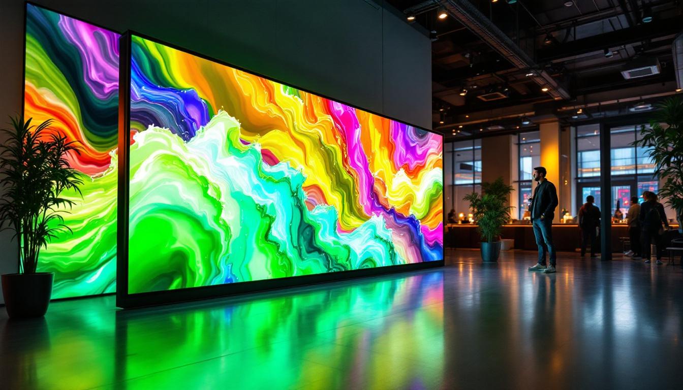 A photograph of a vibrant indoor setting featuring a sleek led panel display in use