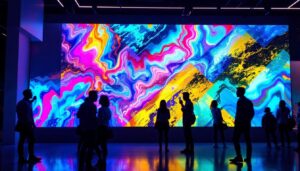A photograph of capture a photograph of a vibrant led video wall in a dynamic setting