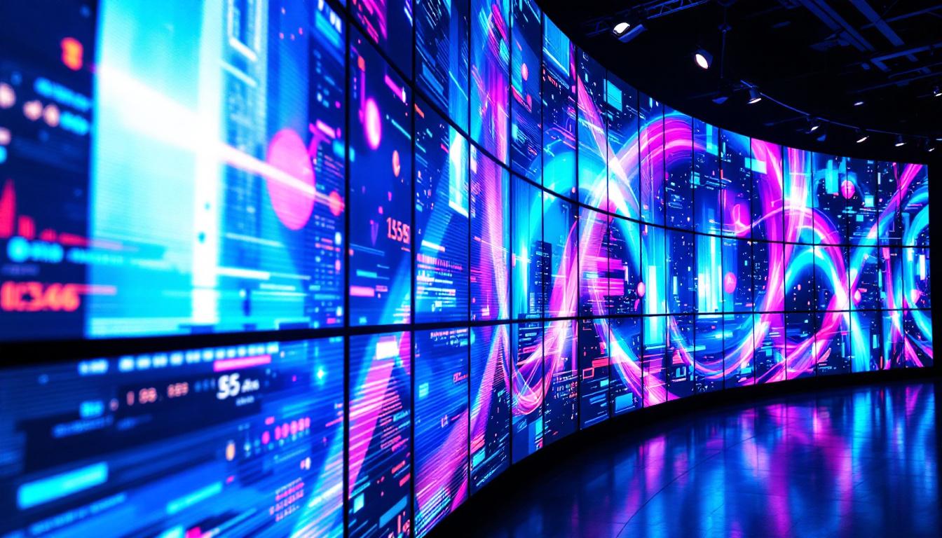 A photograph of a vibrant wall of led screens displaying dynamic visuals