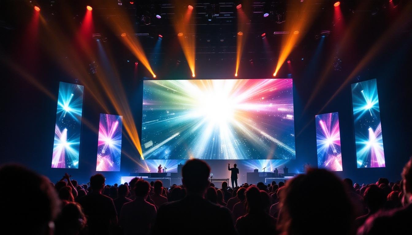 A photograph of a vibrant church service featuring a large led display in action