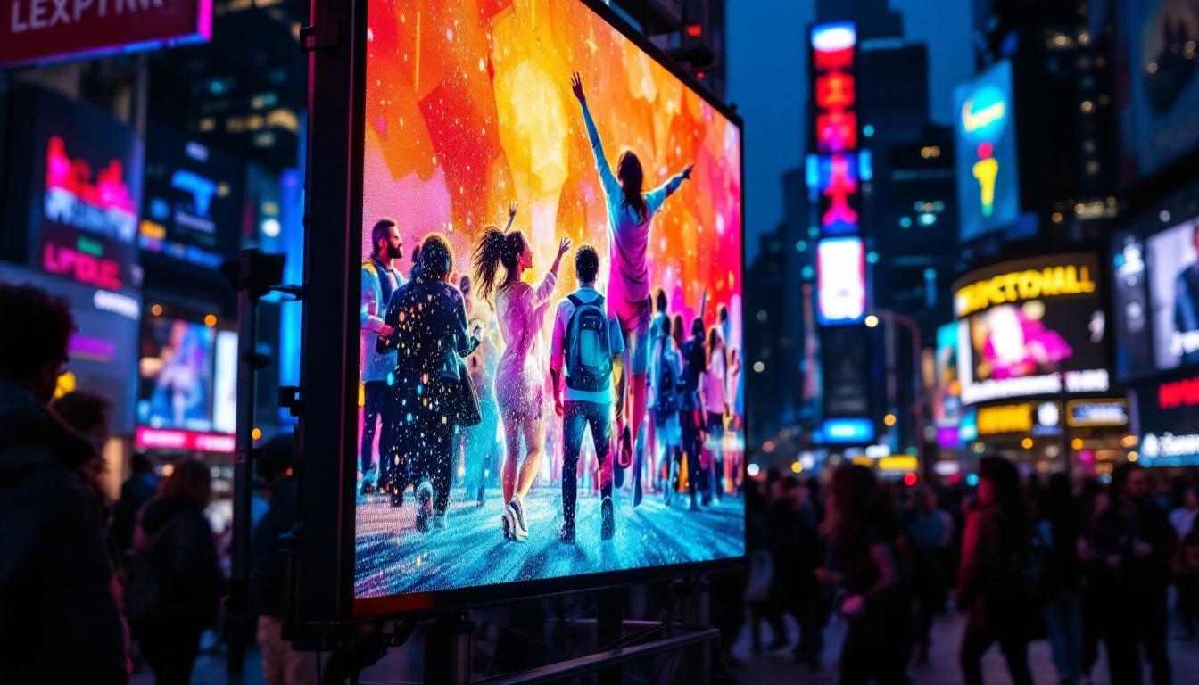 A photograph of a vibrant outdoor led screen panel displaying dynamic visuals in a lively urban setting