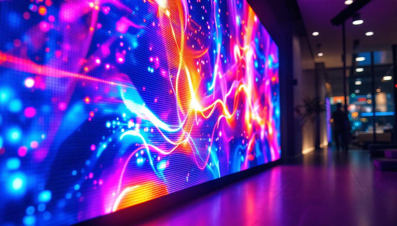 A photograph of a vibrant led wall display in a modern setting