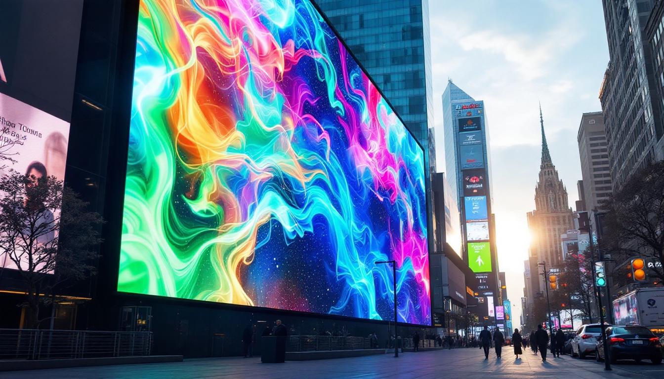 A photograph of a vibrant large led panel displaying dynamic visuals or advertisements in an urban setting