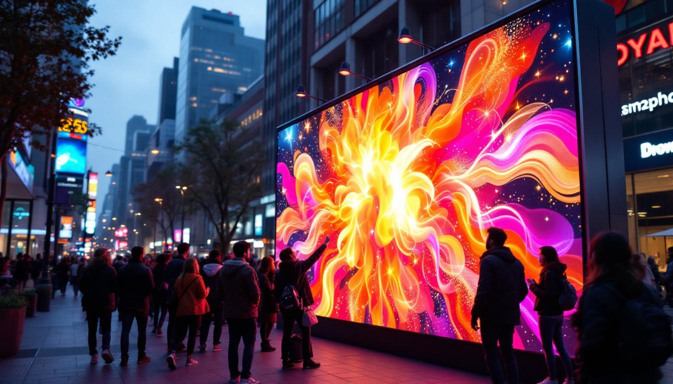 A photograph of a vibrant outdoor led display panel showcasing dynamic visuals