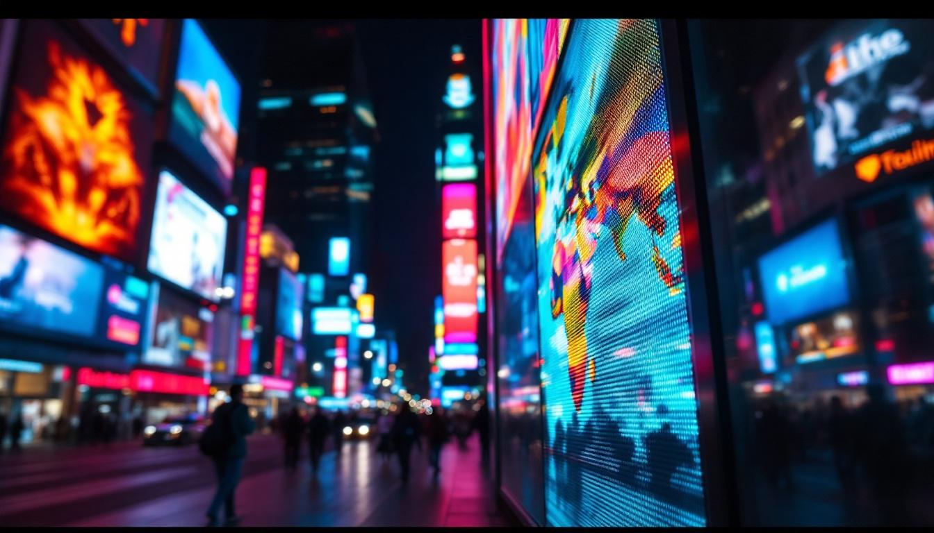 A photograph of a vibrant led display in a bustling urban setting at night