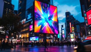 A photograph of a vibrant led digital display in a bustling urban setting