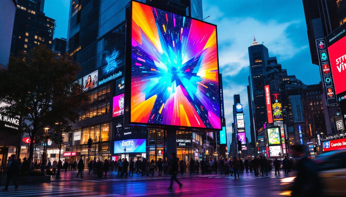 A photograph of a vibrant led digital display in a bustling urban setting