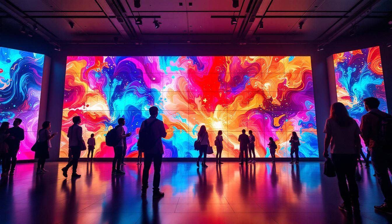 A photograph of a vibrant led display in a dynamic setting