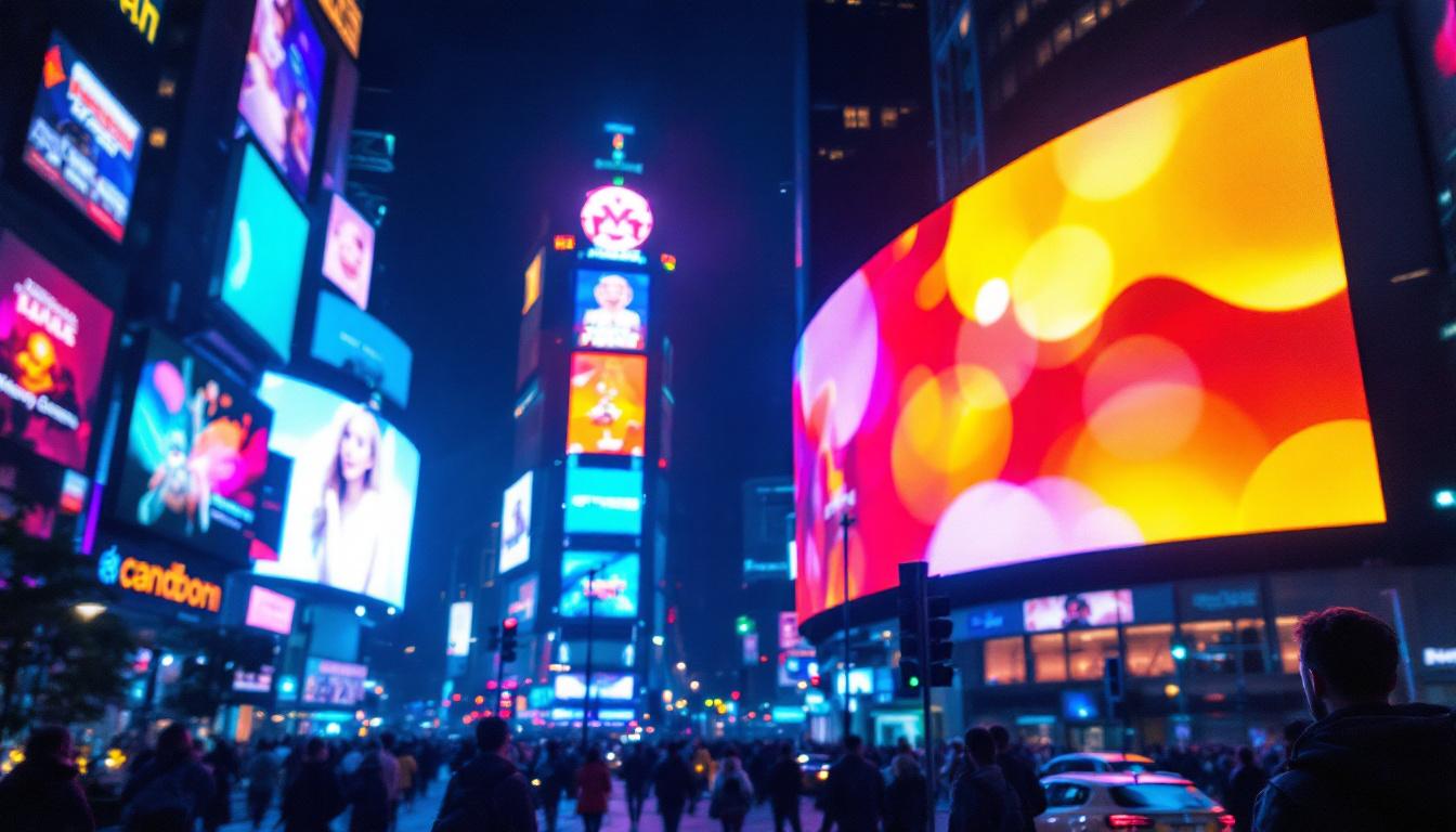 A photograph of a vibrant led display in an urban setting at night
