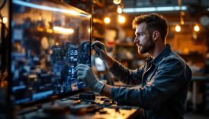 A photograph of a skilled technician carefully examining an led tv display in a well-lit repair workshop