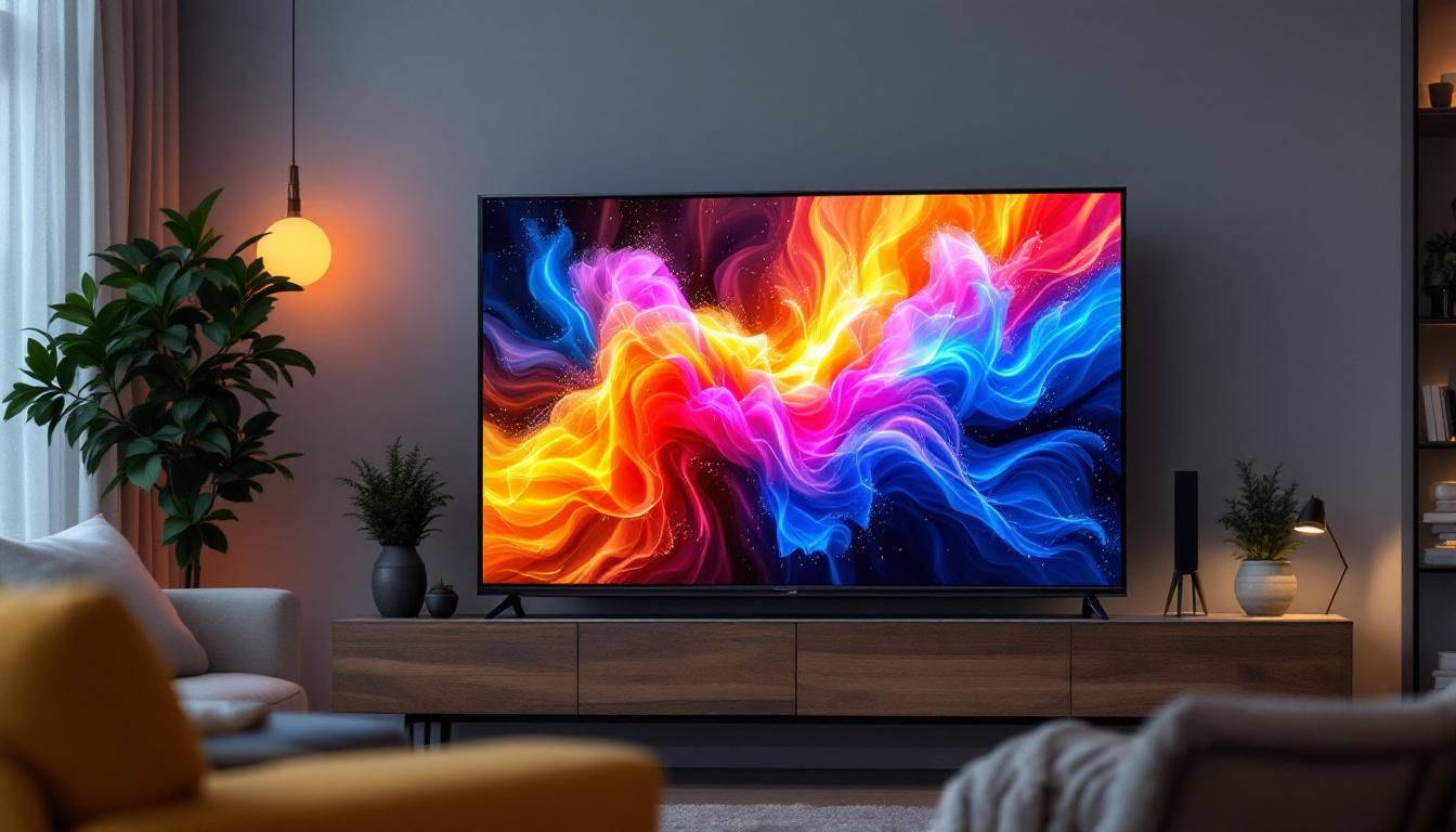 A photograph of a modern led tv display showcasing vibrant colors and sharp images in a stylish living room setting
