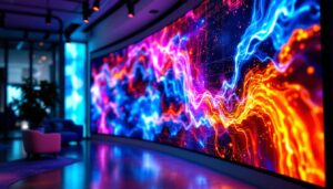 A photograph of a vibrant video wall display in a modern setting