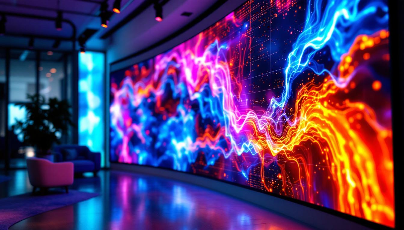 A photograph of a vibrant video wall display in a modern setting