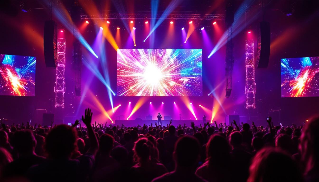 A photograph of a vibrant stage setup featuring a large led display in action