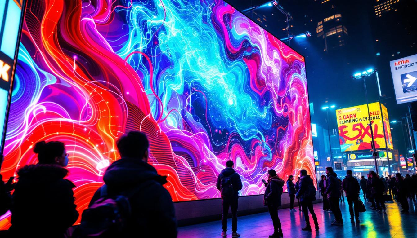 A photograph of a vibrant led display in a dynamic urban setting