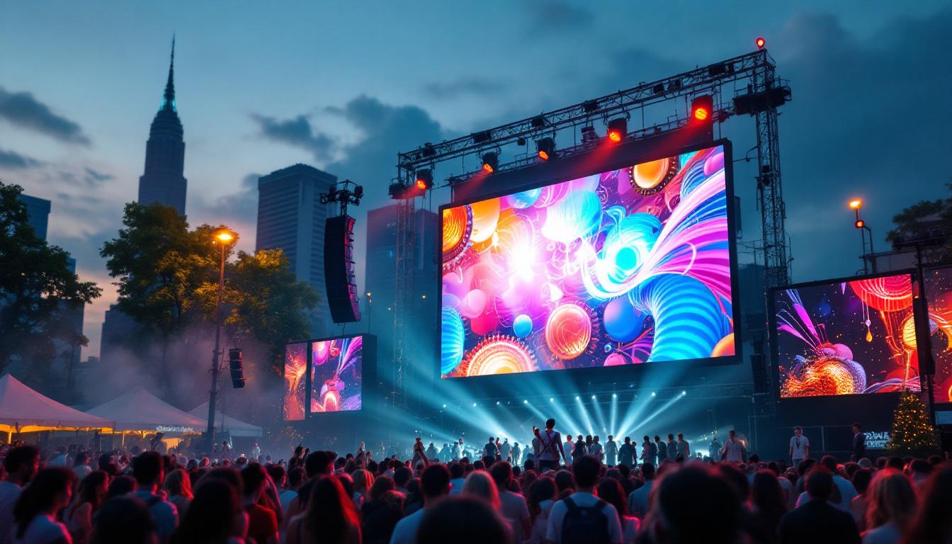 A photograph of a vibrant outdoor event featuring a large led display