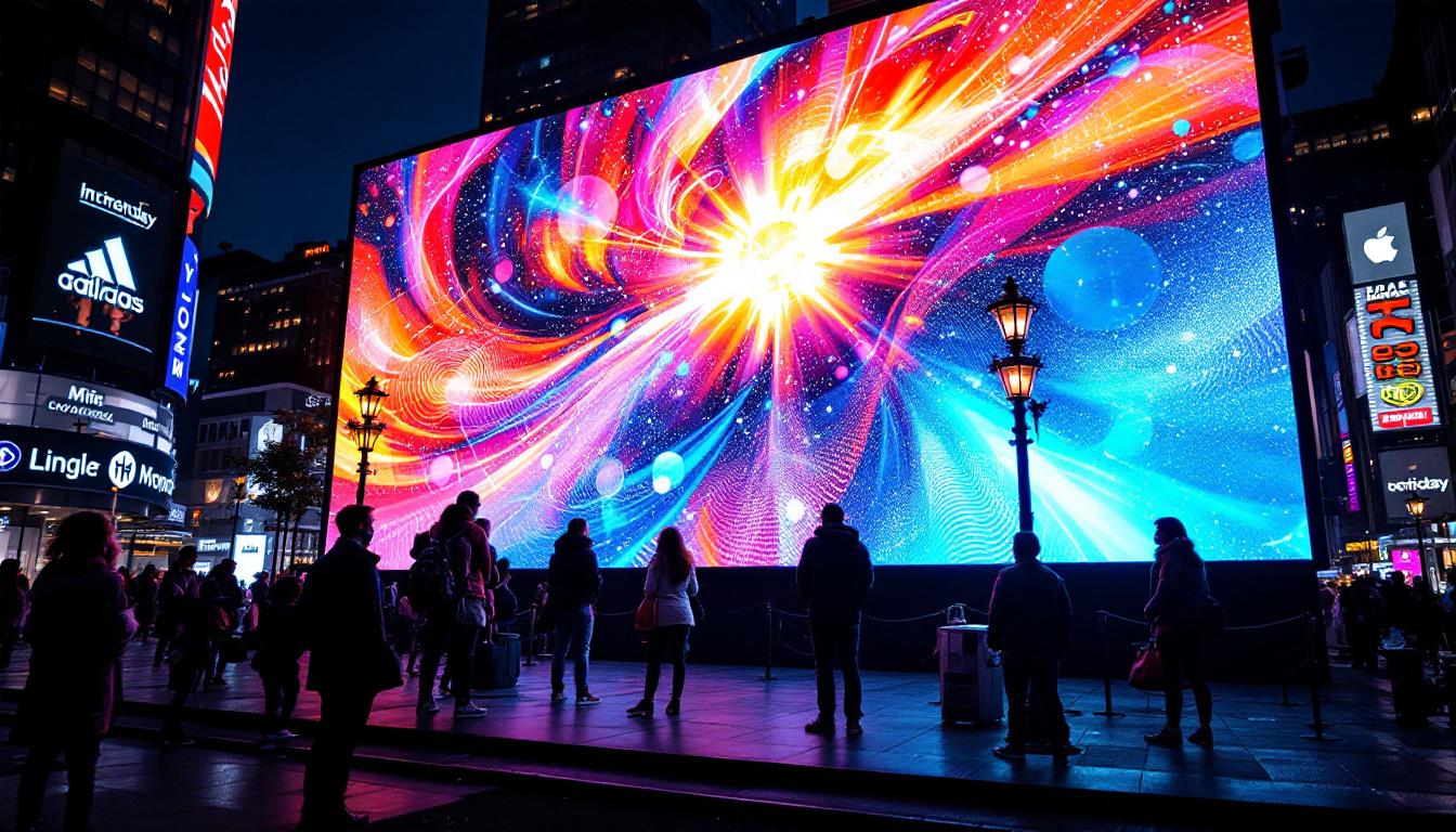 A photograph of a vibrant led display in a bustling urban environment