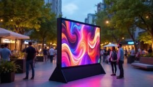 A photograph of a vibrant outdoor setting featuring a portable led display wall in use