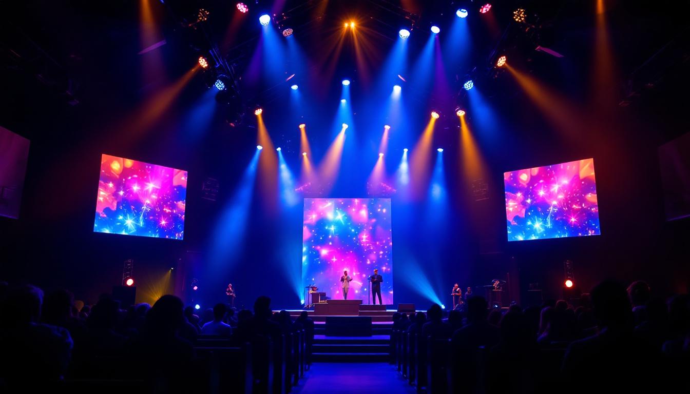 A photograph of a vibrant led display within a church setting