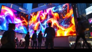 A photograph of a vibrant led display in an urban setting