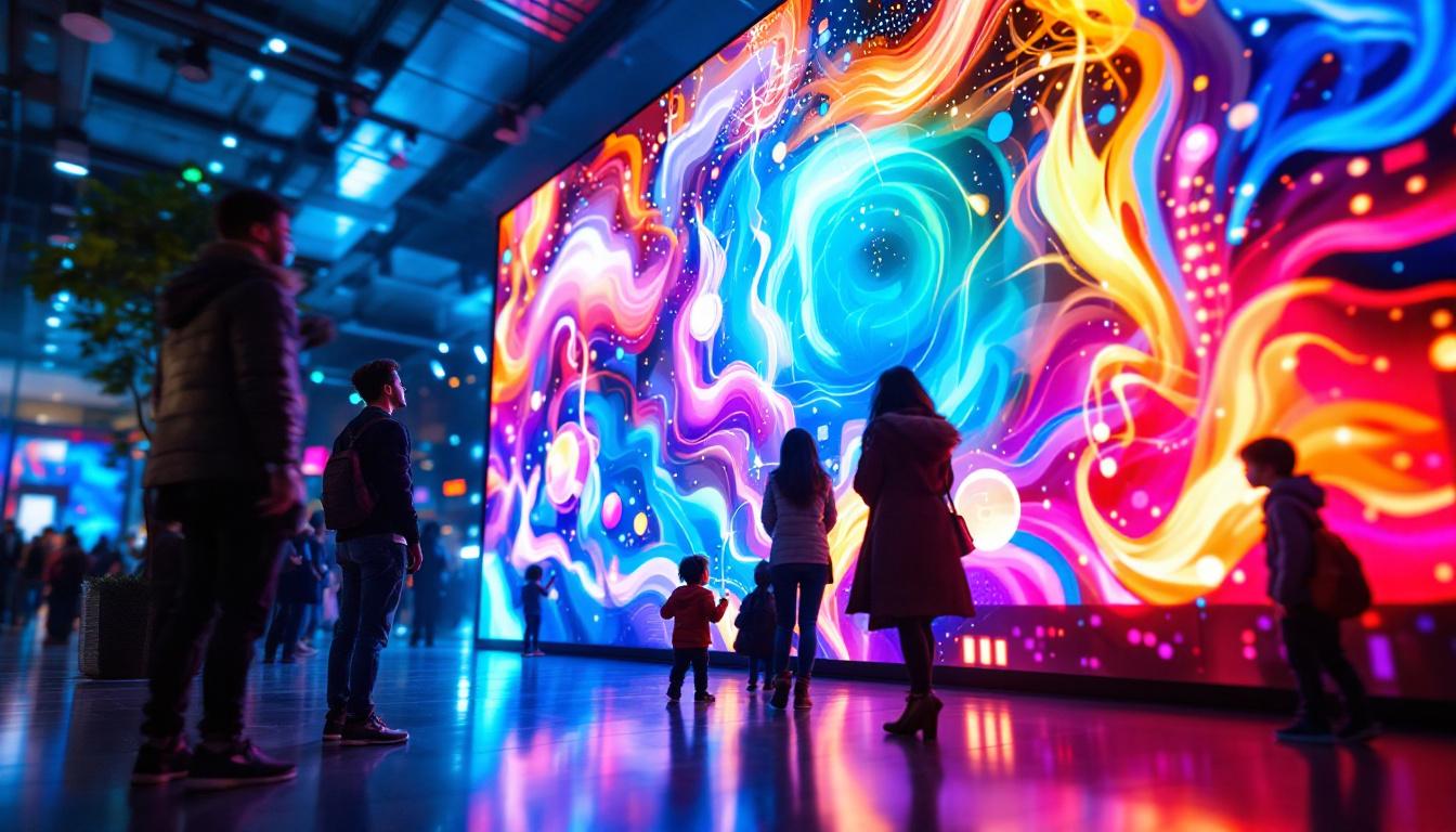 A photograph of a vibrant led display wall in an urban setting