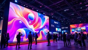 A photograph of a vibrant trade show display featuring a large led screen showcasing dynamic visuals and engaging content