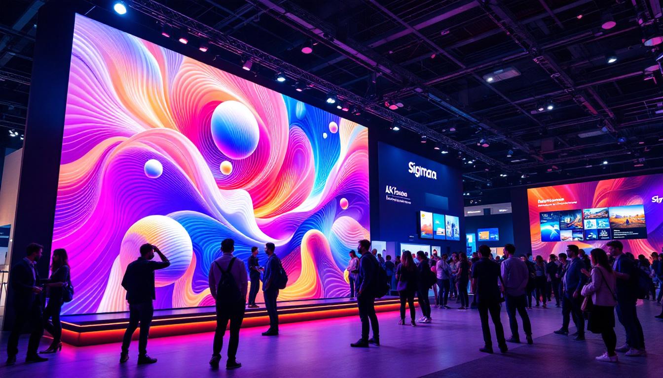 A photograph of a vibrant trade show display featuring a large led screen showcasing dynamic visuals and engaging content