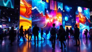 A photograph of a vibrant trade show wall featuring a large