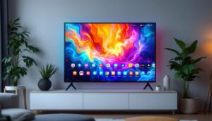 A photograph of a vibrant led home screen displaying a variety of colorful apps and dynamic visuals
