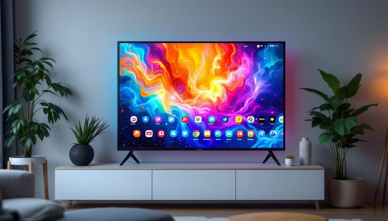 A photograph of a vibrant led home screen displaying a variety of colorful apps and dynamic visuals