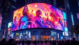 A photograph of a vibrant led display showcasing dynamic visuals in a bustling urban environment