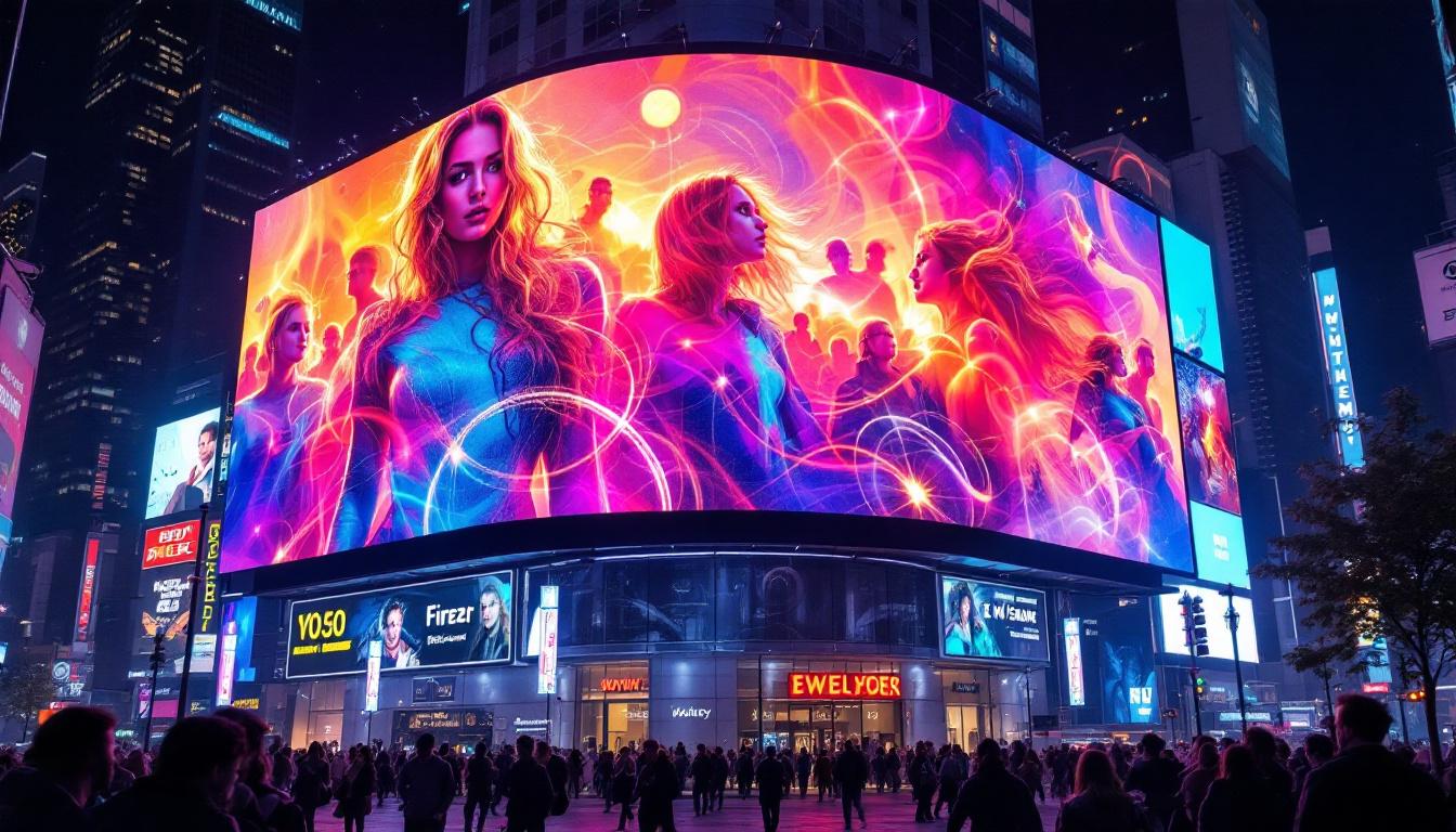 A photograph of a vibrant led display showcasing dynamic visuals in a bustling urban environment