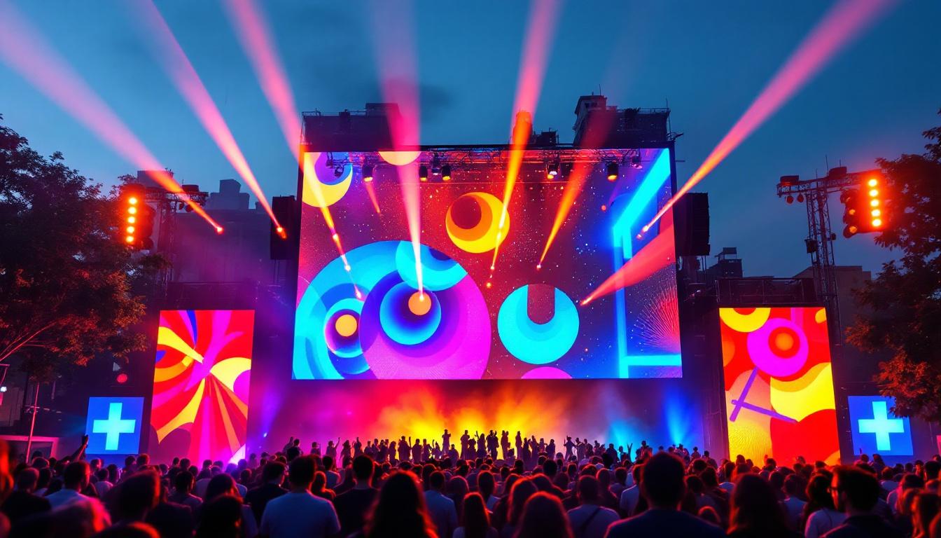 A photograph of a vibrant outdoor event showcasing a large led display in action